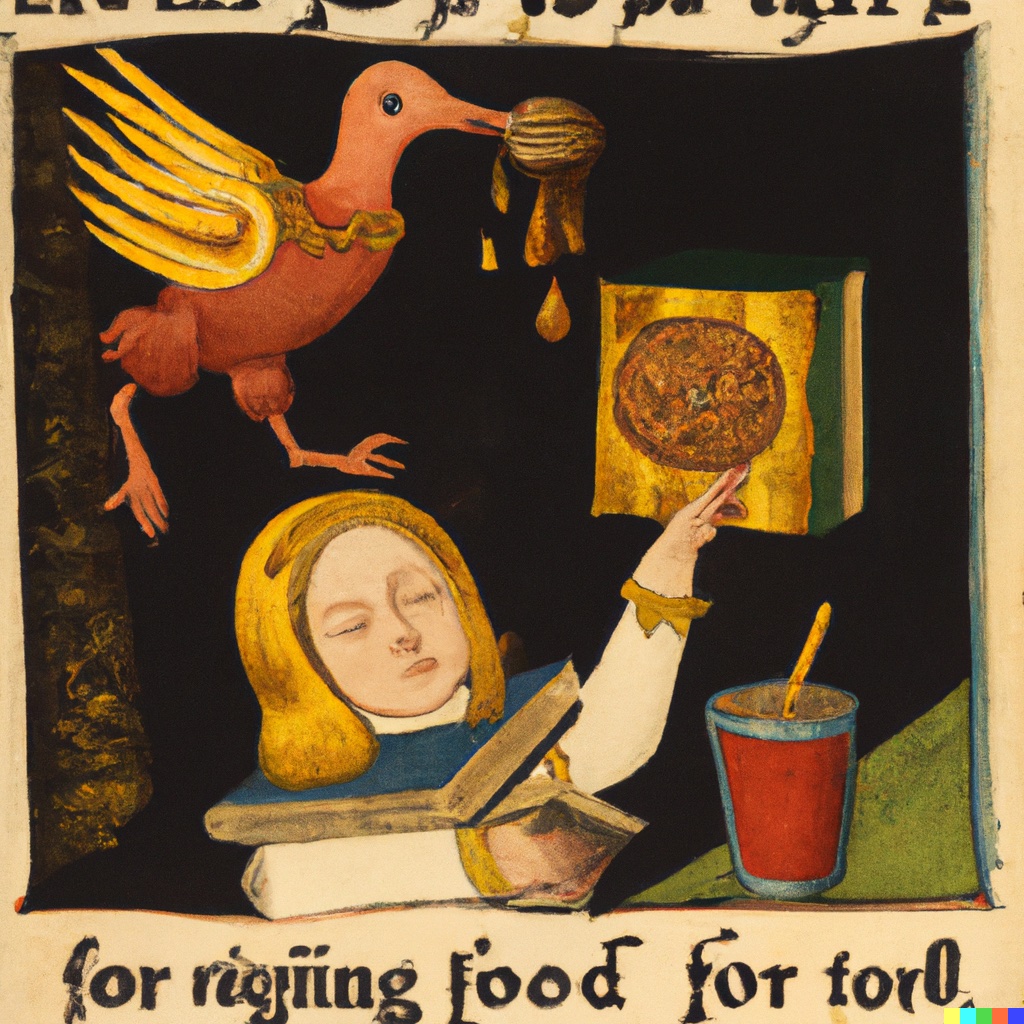 "Illustration from a Medieval Book of Hours advertising fast food" by DALL-E.